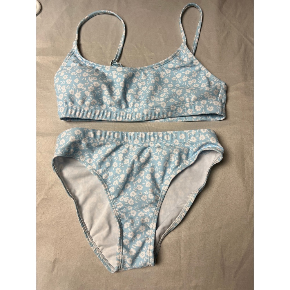 Floral Bikini Set Light Blue White Dainty 2 Piece Swimsuit XS High Cut Bralette‎